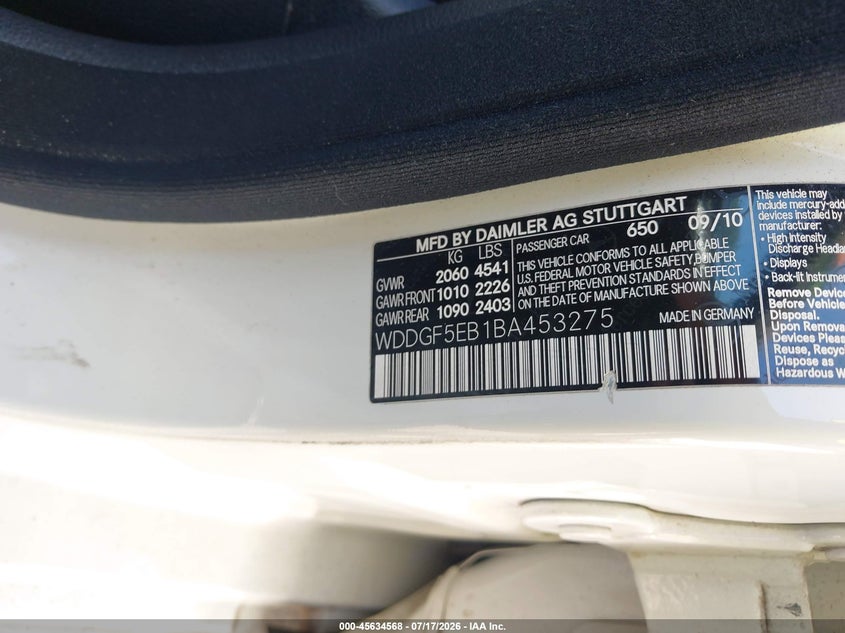 2011 Mercedes-benz C class VIN WDDGF5EB1BA453275 IAAI salvage auction — FRONT END, Salvage (Idaho), sold $275 on 2026-07-28 (photo 9)