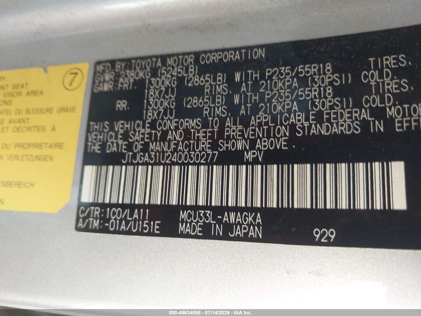 2004 Lexus Rx VIN JTJGA31U240030277 IAAI salvage auction — NORMAL WEAR, Salvage Title, sold $925 on 2026-07-28 (photo 9)