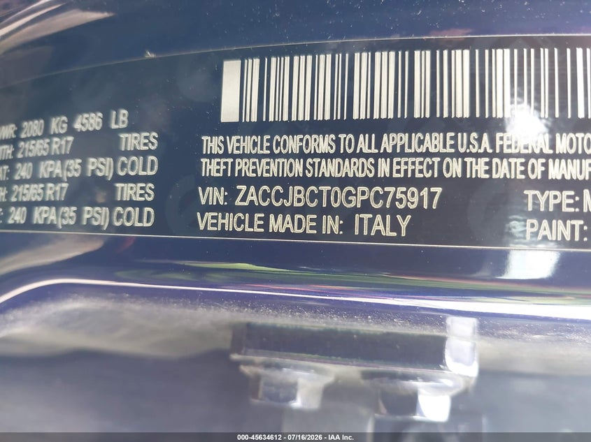 2016 Jeep Renegade VIN ZACCJBCT0GPC75917 IAAI salvage auction — LEFT FRONT, Salvage (Pennsylvania), sold $575 on 2026-07-24 (photo 9)