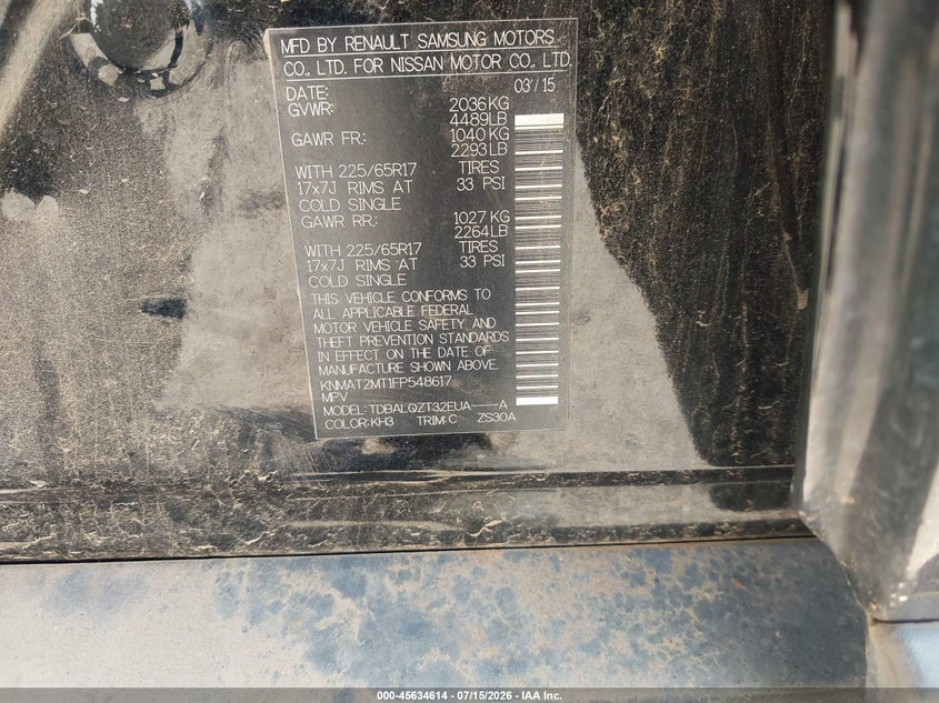 2015 Nissan Rogue VIN KNMAT2MT1FP548617 IAAI salvage auction — ALL OVER, Salvage Title, sold $25 on 2026-07-29 (photo 9)