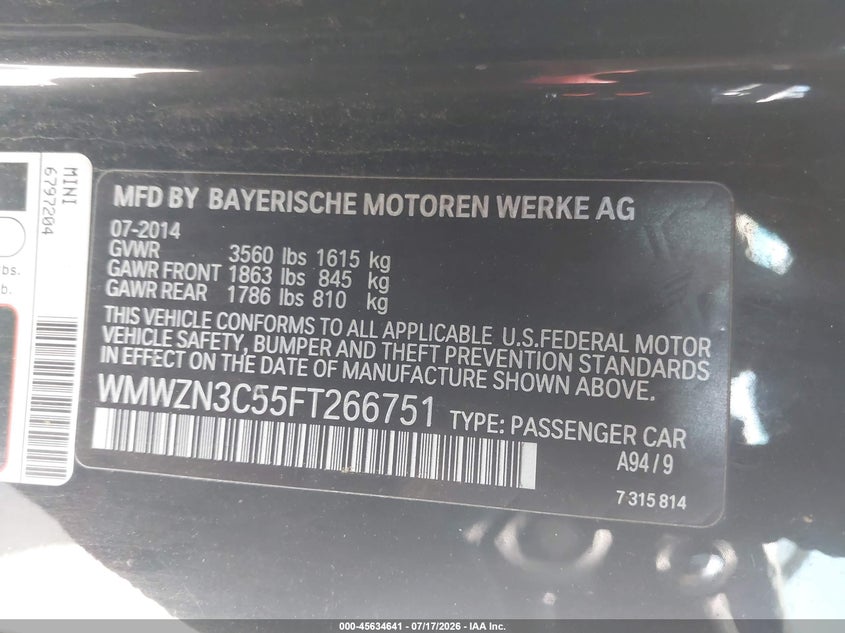 2015 Mini Convertible VIN WMWZN3C55FT266751 IAAI salvage auction — NORMAL WEAR, Original (New Hampshire), sold $300 on 2026-08-19 (photo 9)