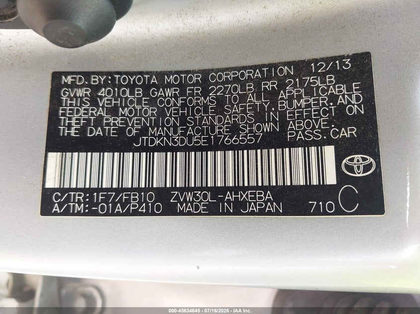 2014 Toyota Prius VIN JTDKN3DU5E1766557 IAAI salvage auction — FRONT END, Salvage - 75% Or Less (Maryland), sold $1,350 on 2026-07-29 (photo 9)