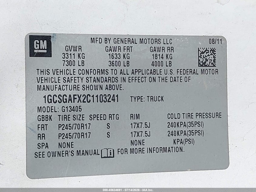 2012 Chevrolet VIN 1GCSGAFX2C1103241 IAAI salvage auction — TRANSMISSION, Salvage Title, sold $700 on 2026-08-26 (photo 9)