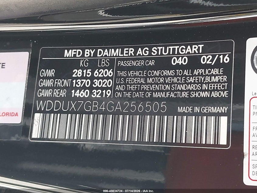 2016 Mercedes-benz VIN WDDUX7GB4GA256505 IAAI salvage auction — UNKNOWN, Salvage Title, sold $9,200 on 2026-07-23 (photo 9)