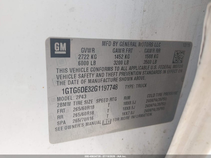 2016 Gmc Canyon VIN 1GTG6DE32G1197748 IAAI salvage auction — FRONT END, Salvage (West Virginia), sold $2,675 on 2026-09-11 (photo 9)