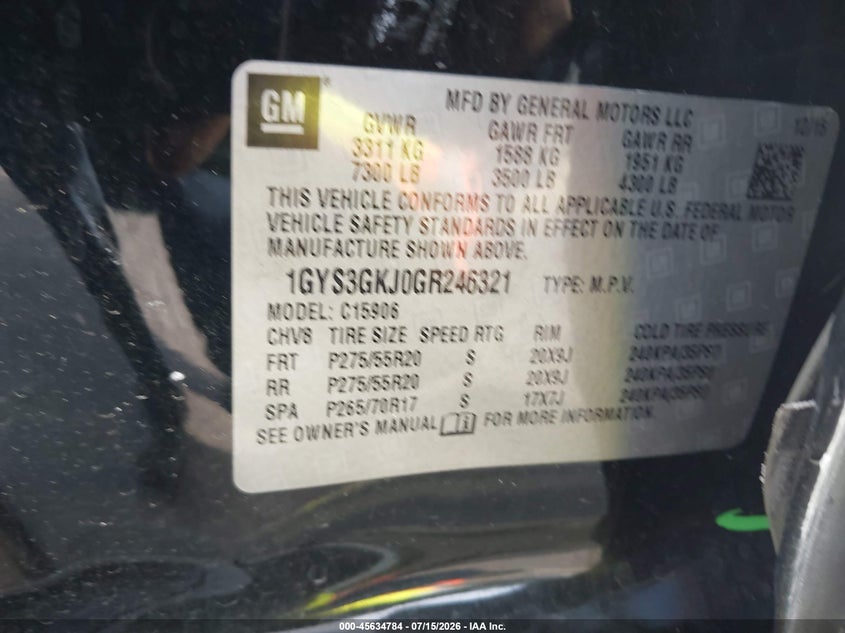 2016 Cadillac Escalade VIN 1GYS3GKJ0GR246321 IAAI salvage auction — LEFT SIDE, Rebuildable (Florida), sold $7,300 on 2026-07-30 (photo 9)