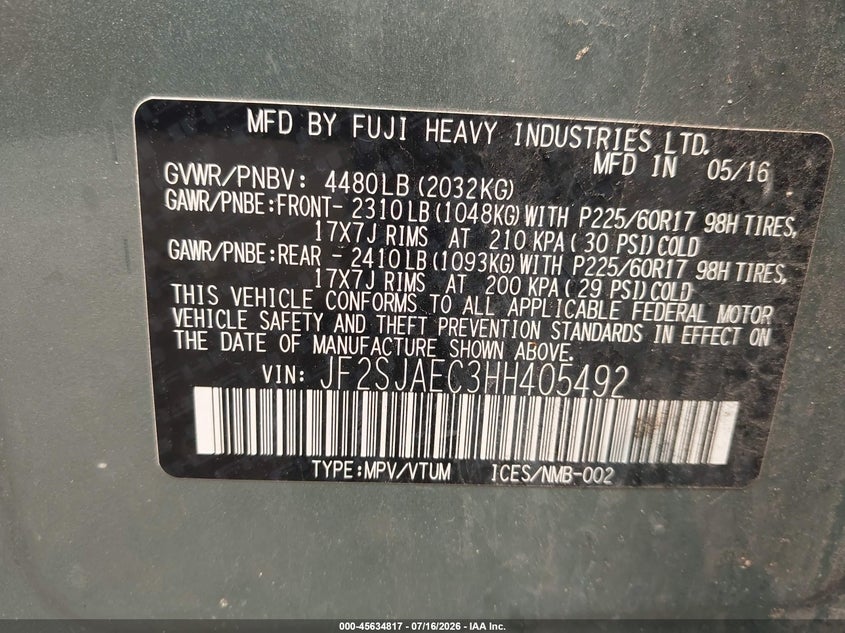 2017 Subaru Forester VIN JF2SJAEC3HH405492 IAAI salvage auction — NORMAL WEAR, Clear (Pennsylvania), sold $400 on 2026-07-28 (photo 9)