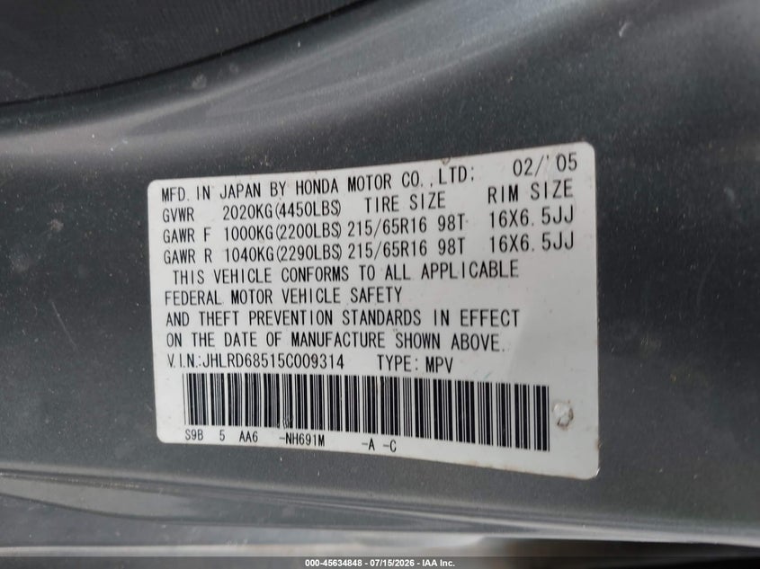 2005 Honda Cr-v VIN JHLRD68515C009314 IAAI salvage auction — NORMAL WEAR, Clear (Georgia), sold $1,050 on 2026-07-29 (photo 9)