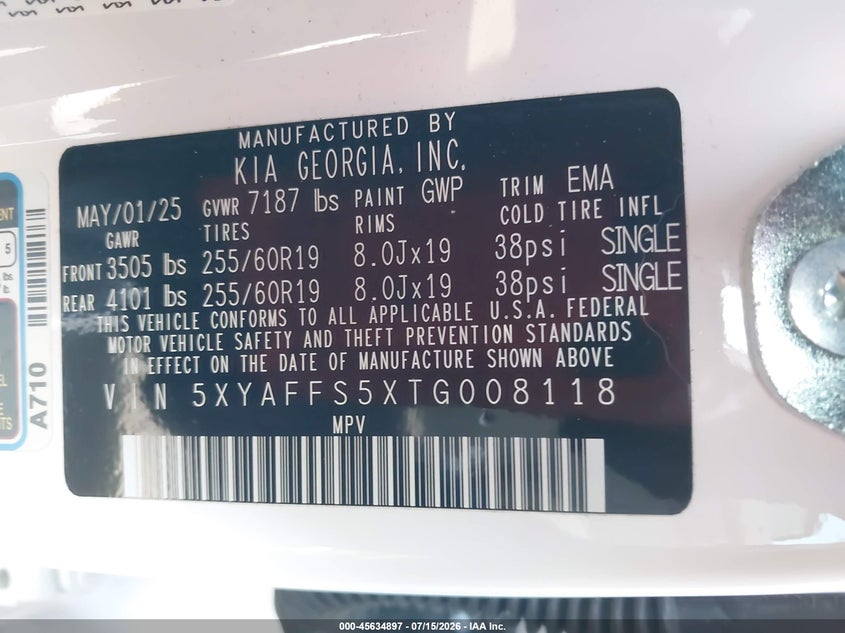 2026 Kia Ev9 VIN 5XYAFFS5XTG008118 IAAI salvage auction — RIGHT FRONT, Salvage Title, sold $9,650 on 2026-08-20 (photo 9)