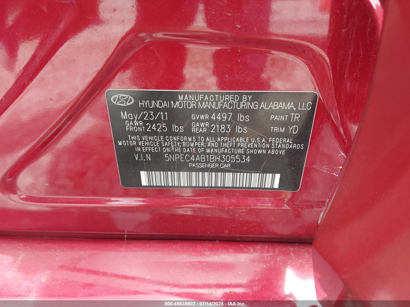 2011 Hyundai Sonata VIN 5NPEC4AB1BH305534 IAAI salvage auction — NORMAL WEAR, Clear (Mississippi), sold $400 on 2026-07-31 (photo 9)