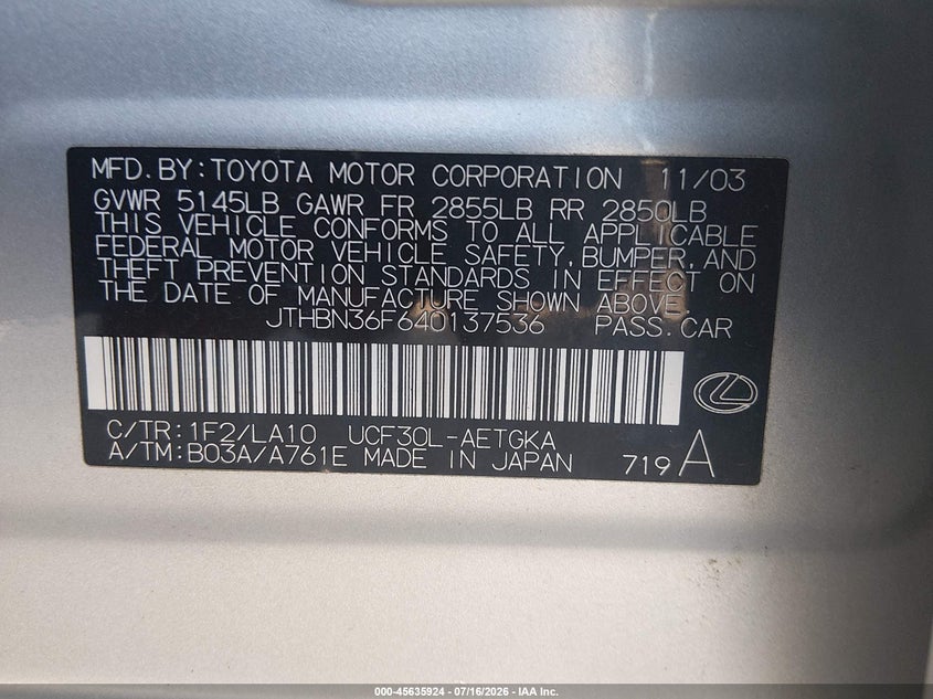 2004 Lexus Ls 430 VIN JTHBN36F640137536 IAAI salvage auction — NORMAL WEAR, Clear (Indiana), sold $400 on 2026-07-29 (photo 9)