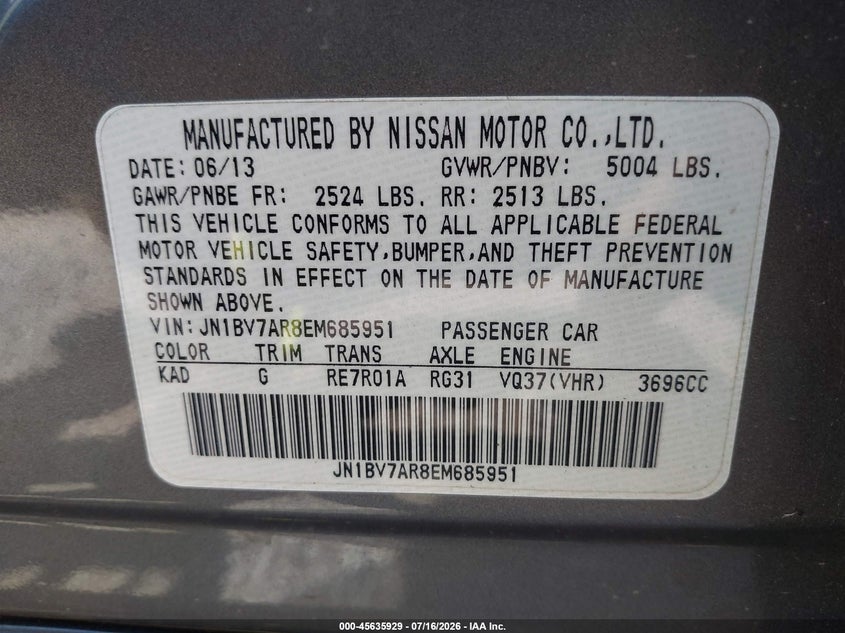 2014 Infiniti Q50 VIN JN1BV7AR8EM685951 IAAI salvage auction — NORMAL WEAR, Clear (New York), sold $2,900 on 2026-07-28 (photo 9)