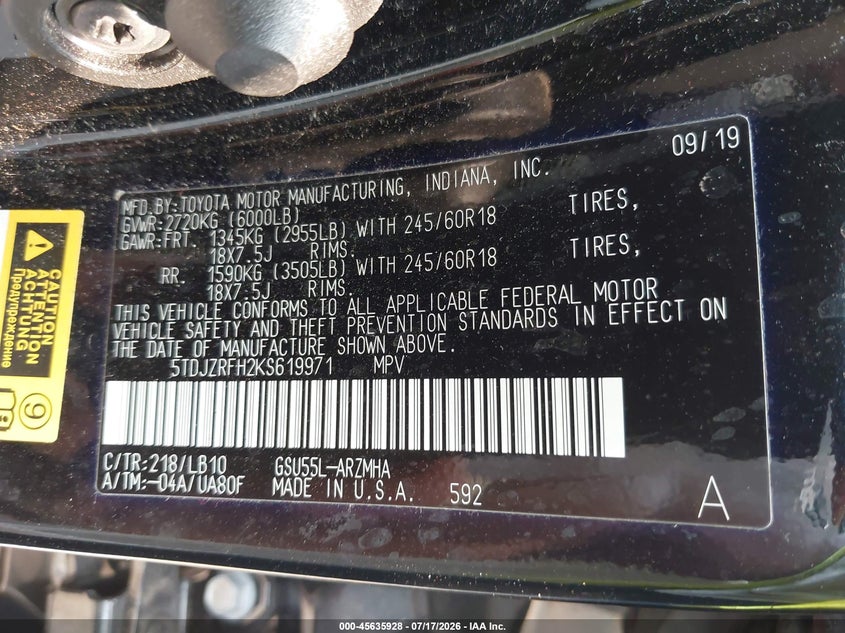 2019 Toyota Highlander VIN 5TDJZRFH2KS619971 IAAI salvage auction — SIDE, Salvage Title, sold $10,000 on 2026-08-01 (photo 9)