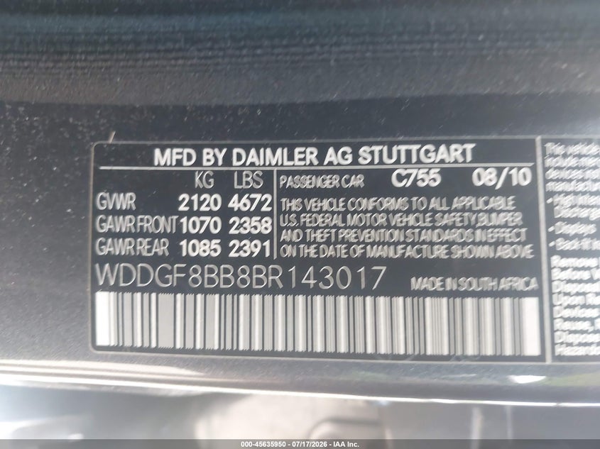 2011 Mercedes-benz C class VIN WDDGF8BB8BR143017 IAAI salvage auction — FRONT END, Salvage (Idaho), sold $1,100 on 2026-08-05 (photo 9)