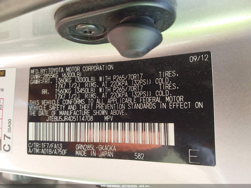 2013 Toyota 4runner VIN JTEBU5JR4D5114708 IAAI salvage auction — SIDE, Salvage Title, sold $5,200 on 2026-07-29 (photo 9)