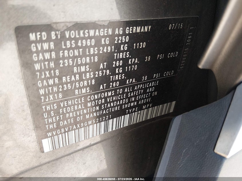 2016 Volkswagen Tiguan VIN WVGBV7AX9GW521221 IAAI salvage auction — FRONT END, Salvage Title, sold $100 on 2026-08-04 (photo 9)