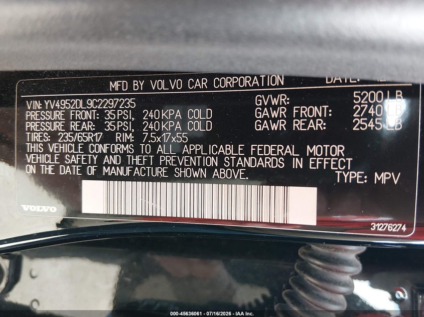 2012 Volvo Xc60 VIN YV4952DL9C2297235 IAAI salvage auction — NORMAL WEAR, Wait Title, sold $775 on 2026-08-21 (photo 9)