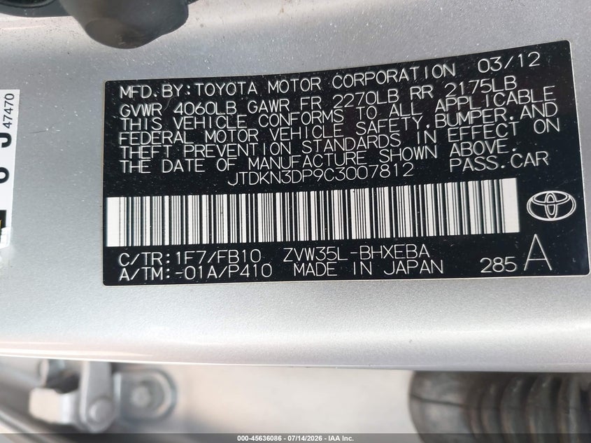 2012 Toyota Prius VIN JTDKN3DP9C3007812 IAAI salvage auction — NORMAL WEAR, Salvage Title, sold $2,050 on 2026-07-21 (photo 9)