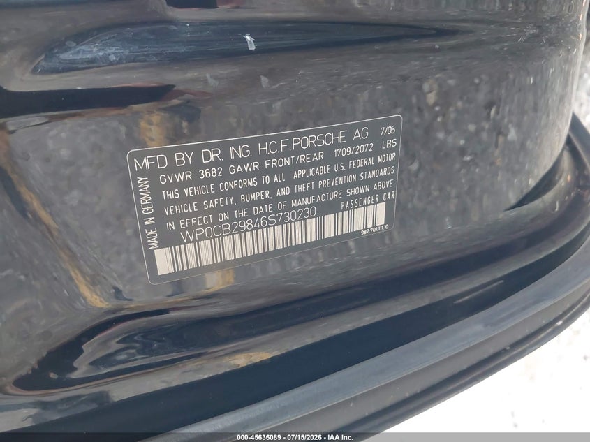 2006 Porsche Boxster VIN WP0CB29846S730230 IAAI salvage auction — RIGHT SIDE, Clear (Michigan), sold $5,975 on 2026-08-10 (photo 9)
