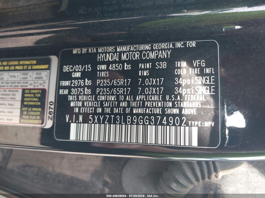 2016 Hyundai Santa fe VIN 5XYZT3LB9GG374902 IAAI salvage auction — NORMAL WEAR, Clear (Indiana), sold $1,850 on 2026-07-28 (photo 9)