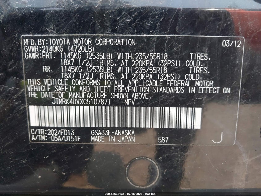 2012 Toyota Rav4 VIN JTMRK4DVXC5107871 IAAI salvage auction — NORMAL WEAR, Clear (New York), sold $825 on 2026-07-30 (photo 9)