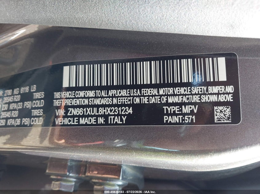 2017 Maserati Levante VIN ZN661XUL8HX231234 IAAI salvage auction — REAR END, Salvage (New Jersey), sold $6,300 on 2026-08-01 (photo 9)