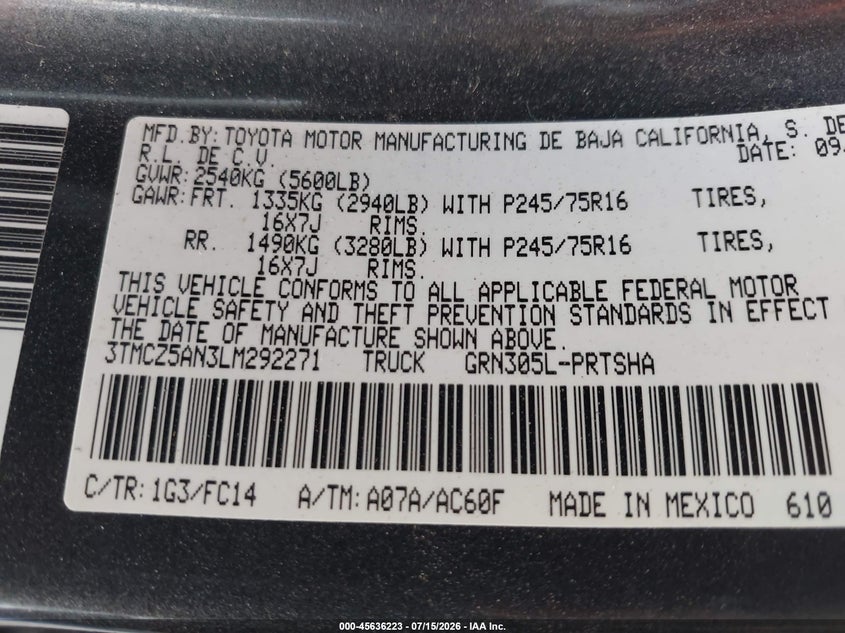 2020 Toyota Tacoma VIN 3TMCZ5AN3LM292271 IAAI salvage auction — ROLLOVER, Wait Title, sold $4,950 on 2026-08-15 (photo 9)