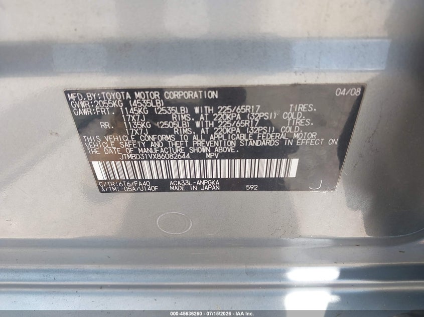 2008 Toyota Rav4 VIN JTMBD31VX86082644 IAAI salvage auction — FRONT END, Rebuildable (Florida), sold $250 on 2026-07-30 (photo 9)