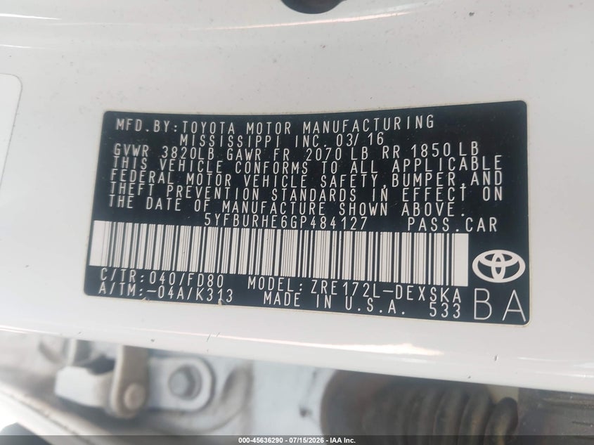 2016 Toyota Corolla VIN 5YFBURHE6GP484127 IAAI salvage auction — LEFT SIDE, Salvage (North Carolina), sold $3,250 on 2026-07-29 (photo 9)