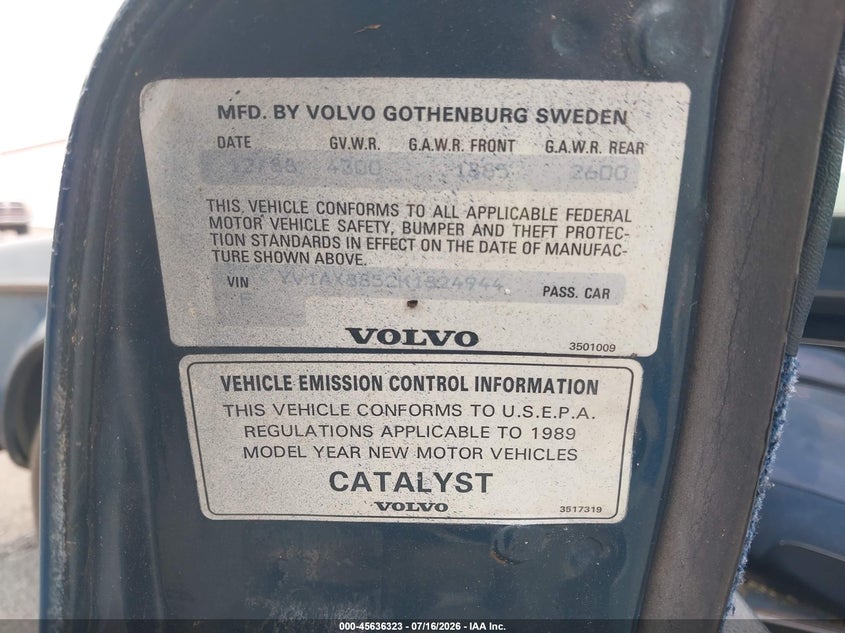 1992 Volvo 240 VIN YV1AS8802N1471029 IAAI salvage auction — NORMAL WEAR, Clear (Michigan), sold $425 on 2026-07-30 (photo 9)