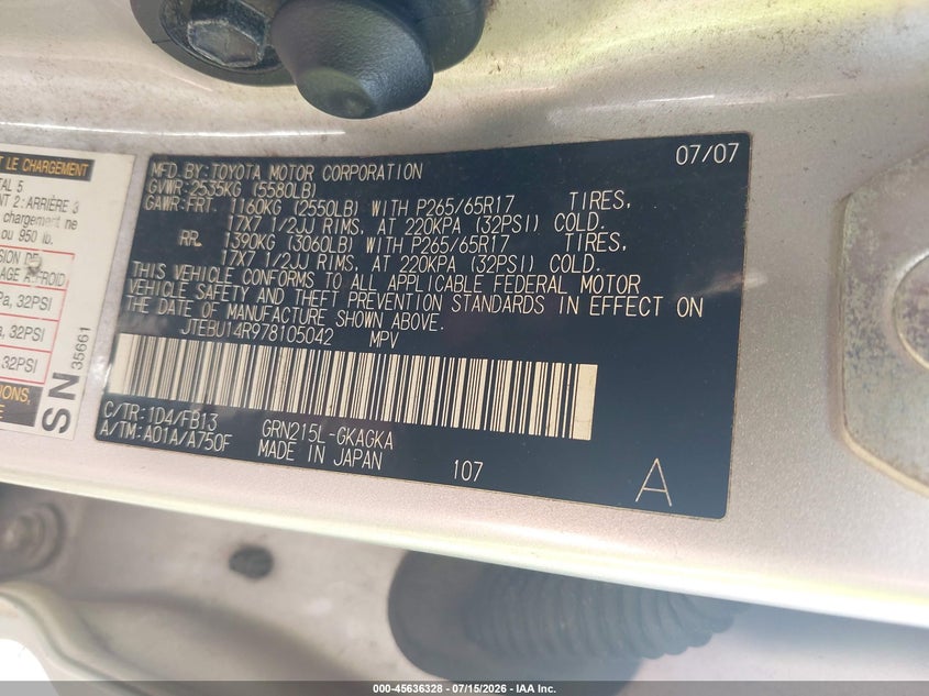 2007 Toyota 4runner VIN JTEBU14R978105042 IAAI salvage auction — NORMAL WEAR, Clear (New York), sold $325 on 2026-07-21 (photo 9)