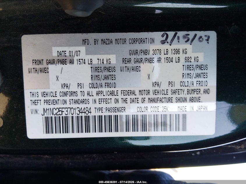 2007 Mazda Mx-5 VIN JM1NC25F370134484 IAAI salvage auction — NORMAL WEAR, Clear - Dealer Only (California), sold $150 on 2026-07-29 (photo 9)