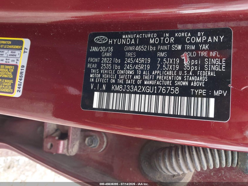 2016 Hyundai Tucson VIN KM8J33A2XGU176758 IAAI salvage auction — NORMAL WEAR, Clear (Arizona), sold $3,200 on 2026-07-31 (photo 9)