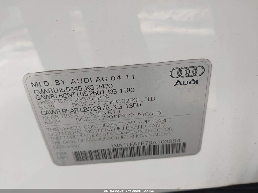 2011 Audi Q5 VIN WA1LFAFP7BA103994 IAAI salvage auction — NORMAL WEAR, Clear - Dealer Only (California), sold $25 on 2026-07-21 (photo 9)