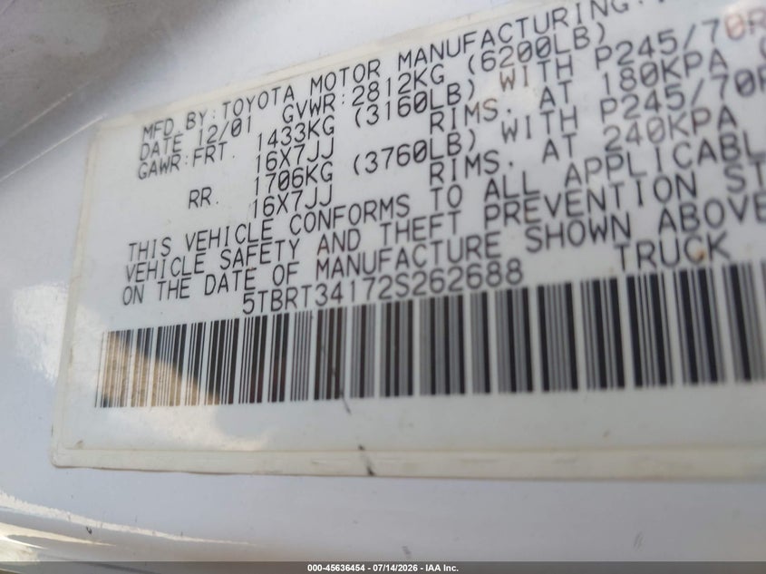 2002 Toyota Tundra VIN 5TBRT34172S262688 IAAI salvage auction — NORMAL WEAR, Clear - Dealer Only (California), sold $2,900 on 2026-07-22 (photo 9)