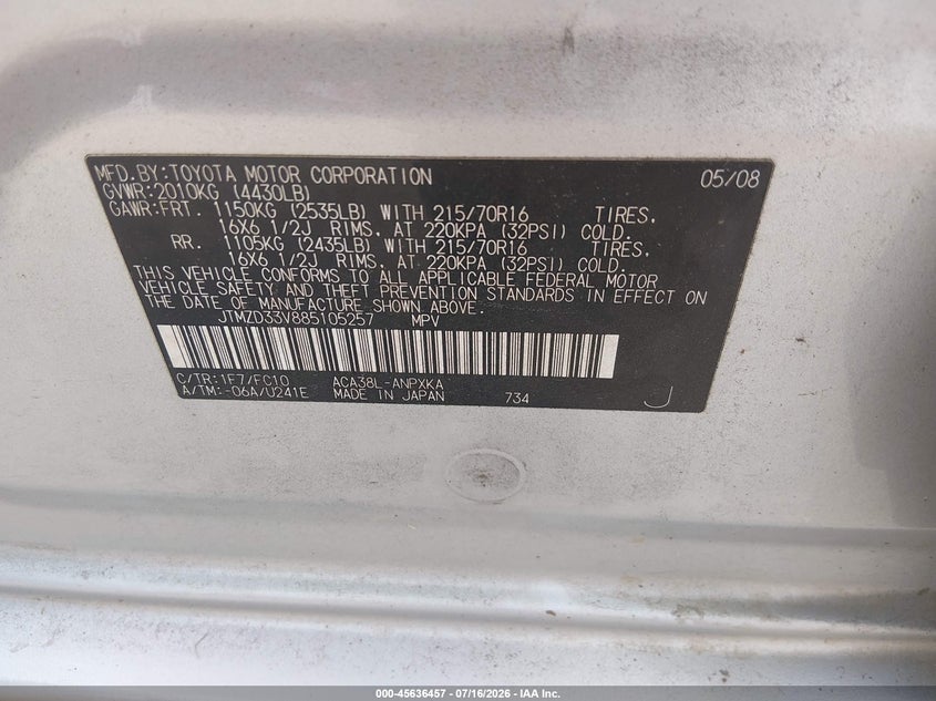 2008 Toyota Rav4 VIN JTMZD33V885105257 IAAI salvage auction — NORMAL WEAR, Original (Texas), sold $1,050 on 2026-07-24 (photo 9)