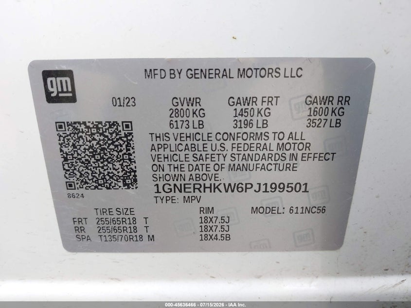 2023 Chevrolet Traverse VIN 1GNERHKW6PJ199501 IAAI salvage auction — FRONT END, Salvage Title, sold $12,600 on 2026-07-29 (photo 9)