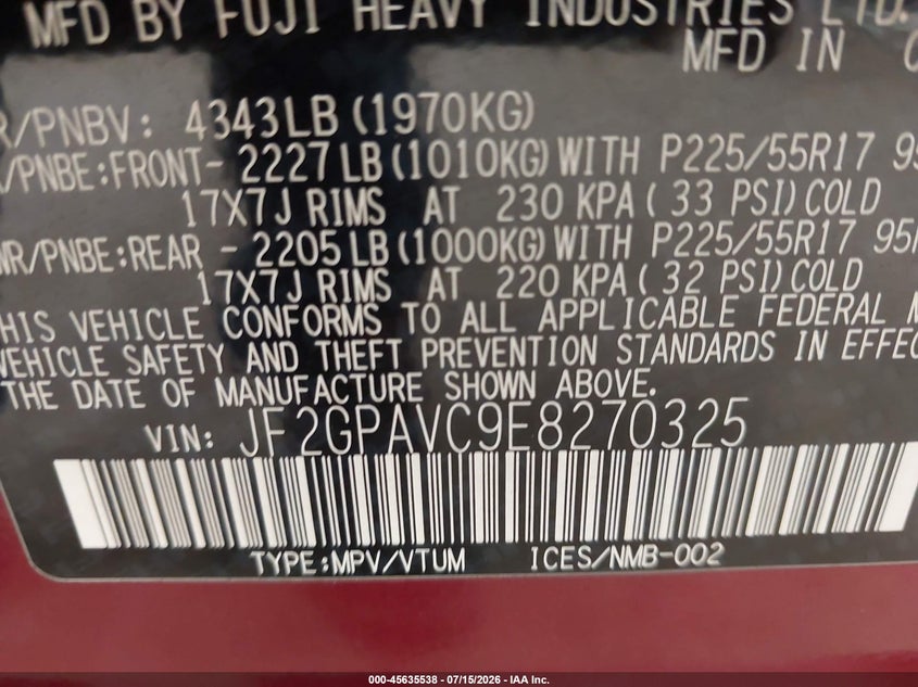 2014 Subaru Xv VIN JF2GPAVC9E8270325 IAAI salvage auction — NORMAL WEAR, Clear (New York), sold $725 on 2026-07-29 (photo 9)