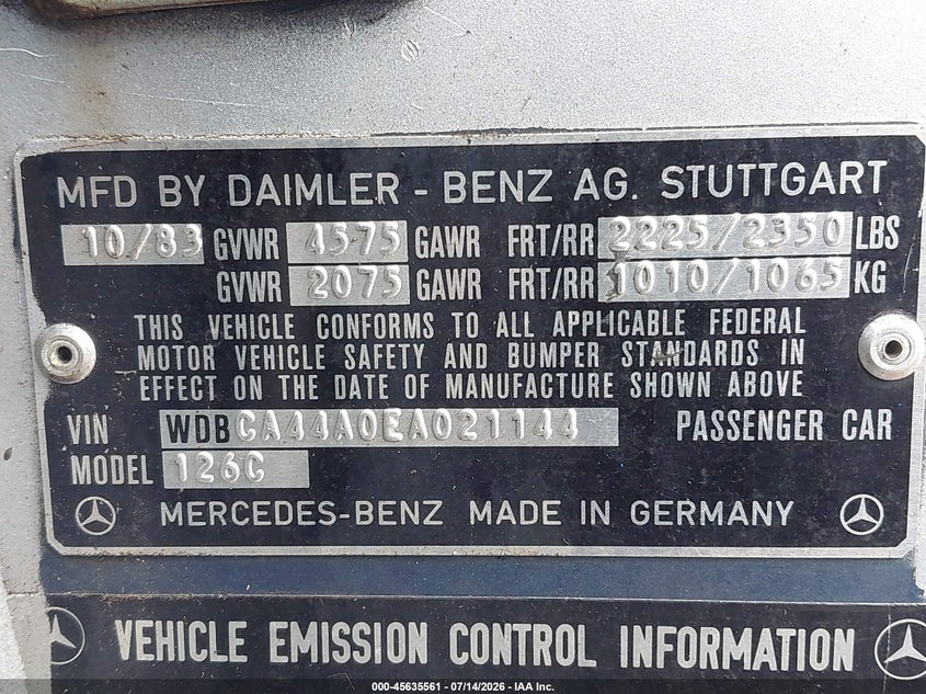 1984 Mercedes-benz 500 VIN WDBCA44A0EA021144 IAAI salvage auction — NORMAL WEAR, Clear (Florida), sold $3,400 on 2026-07-22 (photo 9)