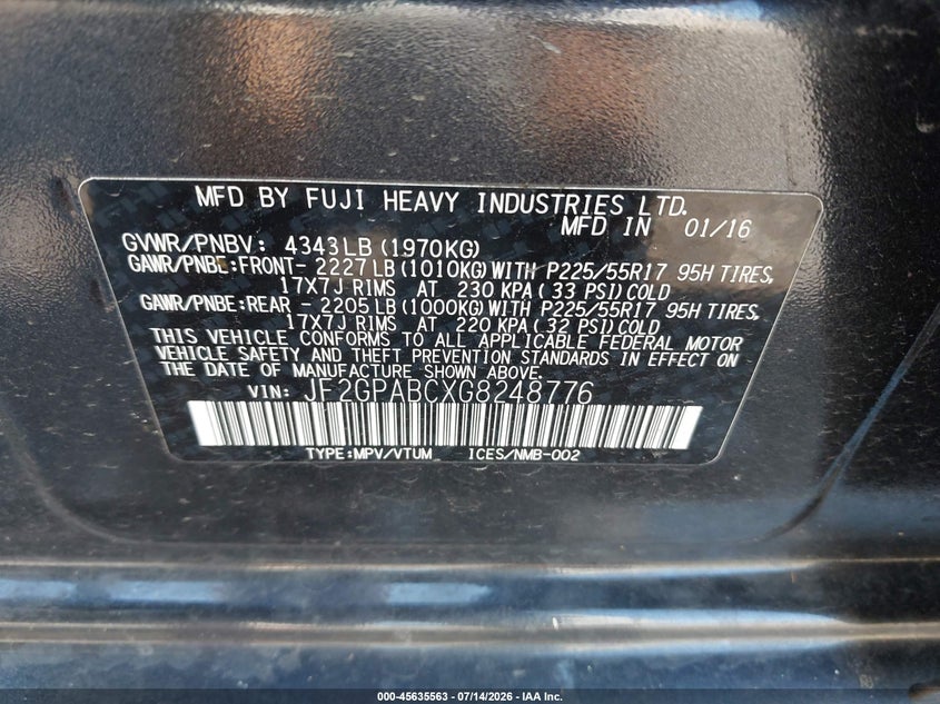 2016 Subaru Crosstrek VIN JF2GPABCXG8248776 IAAI salvage auction — NORMAL WEAR, Clear (Virginia), sold $25 on 2026-07-24 (photo 9)