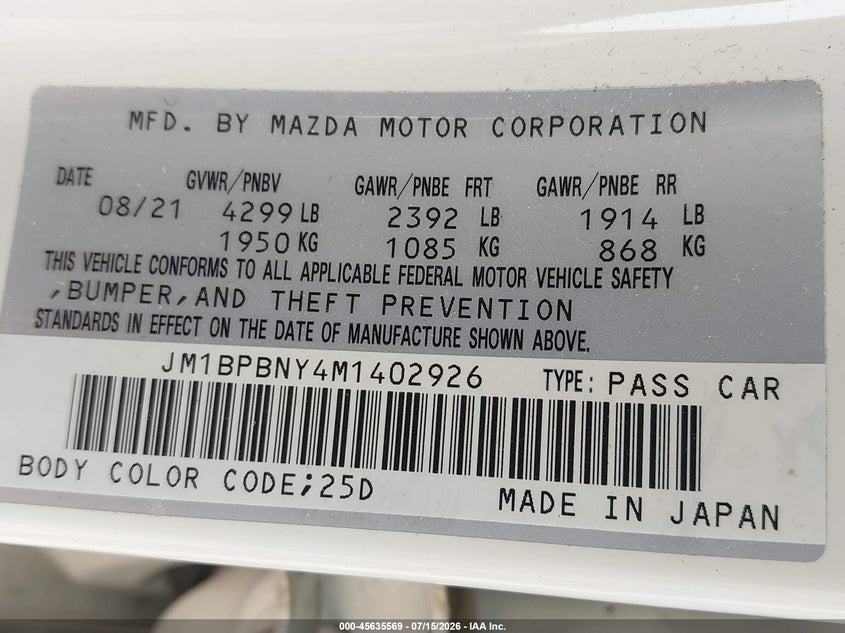 2021 Mazda 3 VIN JM1BPBNY4M1402926 IAAI salvage auction — FRONT END, Wait Title, sold $8,100 on 2026-08-16 (photo 9)
