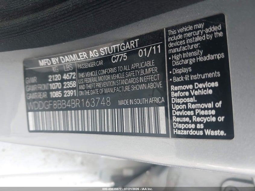 2011 Mercedes-benz C class VIN WDDGF8BB4BR163748 IAAI salvage auction — FRONT END, Nrc Lienholder Repossession Paperwork (Utah), sold $475 on 2026-08-06 (photo 9)