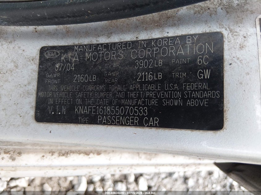 2005 Kia Spectra VIN KNAFE161855070533 IAAI salvage auction — NORMAL WEAR, Clear (South Carolina), sold $25 on 2026-07-28 (photo 9)