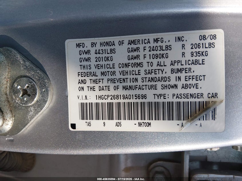 2009 Honda Accord VIN 1HGCP26819A015696 IAAI salvage auction — NORMAL WEAR, Clear (Indiana), sold $1,425 on 2026-07-28 (photo 9)