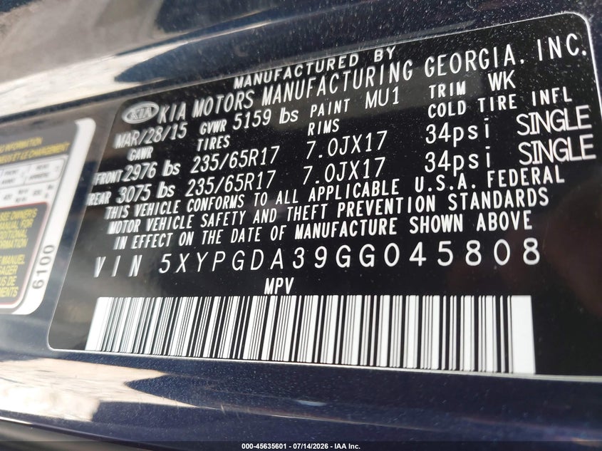 2016 Kia Sorento VIN 5XYPGDA39GG045808 IAAI salvage auction — NORMAL WEAR, Clear (Virginia), sold $1,700 on 2026-07-27 (photo 9)