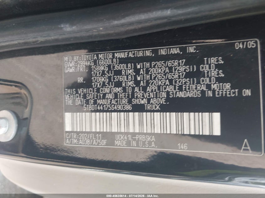 2005 Toyota Tundra VIN 5TBDT44175S490386 IAAI salvage auction — NORMAL WEAR, Clear (Pennsylvania), sold $2,000 on 2026-07-31 (photo 9)