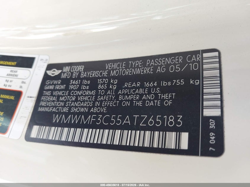 2010 Mini Cooper VIN WMWMF3C55ATZ65183 IAAI salvage auction — FRESH WATER, Salvage (Iowa), sold $450 on 2026-08-18 (photo 9)