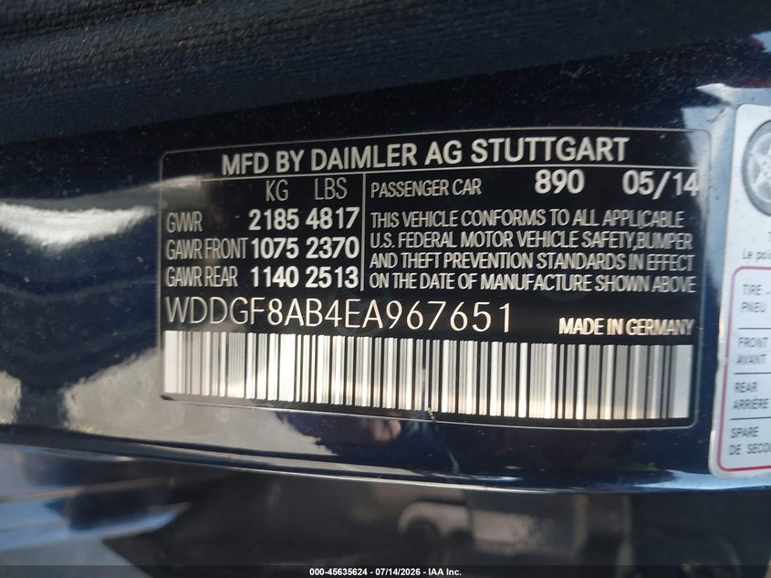 2014 Mercedes-benz C-klasse VIN WDDGF8AB4EA967651 IAAI salvage auction — NORMAL WEAR, Salvage Title, sold $575 on 2026-07-29 (photo 9)