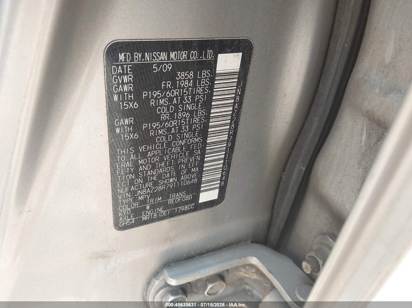 2009 Nissan Cube VIN JN8AZ28R79T110648 IAAI salvage auction — NORMAL WEAR, Clear (New York), sold $425 on 2026-07-28 (photo 9)