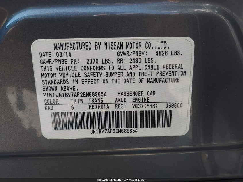 2014 Infiniti Q50 VIN JN1BV7AP2EM689654 IAAI salvage auction — REAR END, Salvage (Georgia), sold $1,825 on 2026-09-14 (photo 9)